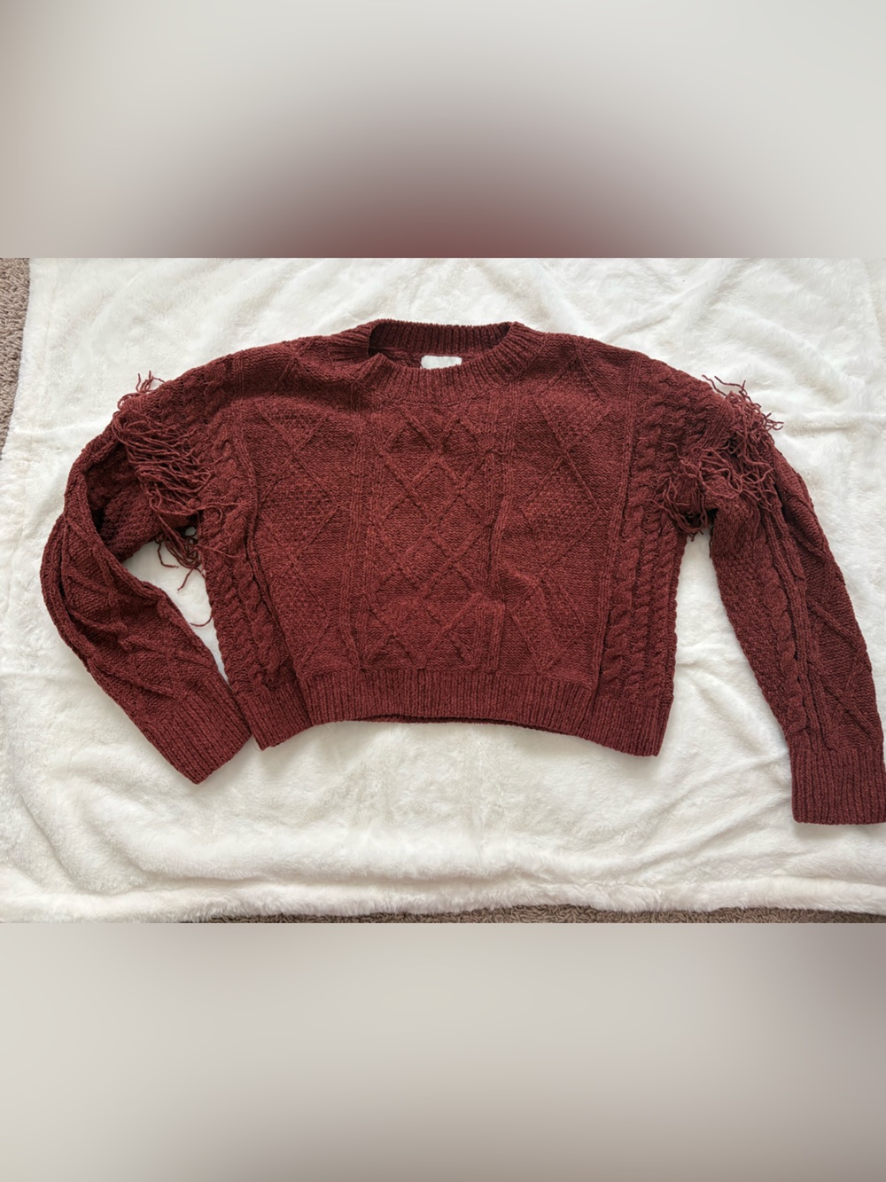 Pink Rose Cable Knit Fringe Sweater - Burgundy